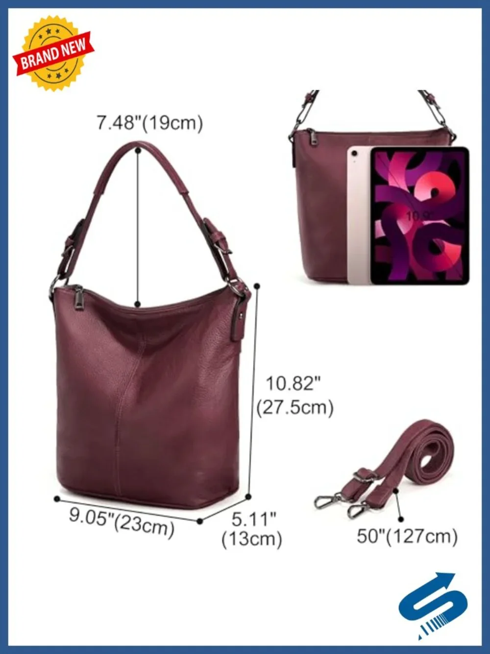 Genuine Leather Hobo Handbag Crossbody Shoulder Bag with Removable Straps